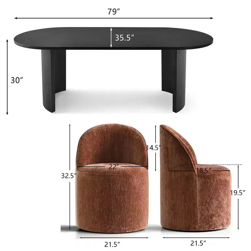 Ensemble de salle à manger 7 pièces pour cuisine, table ovale noire et chaises baquets en chenille, meubles de salle à manger modernes - Panipeachy