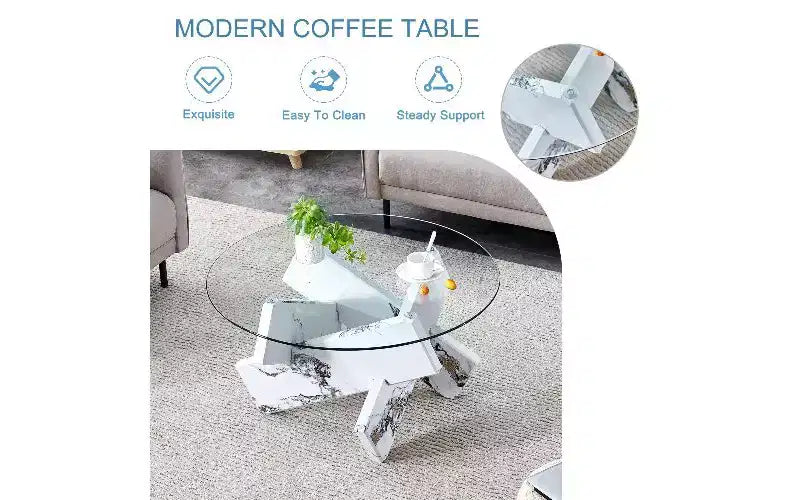 Table basse ronde TUYOHW avec plateau en verre trempé, table basse centrale moderne et unique avec pieds en MDF à motif pour salon