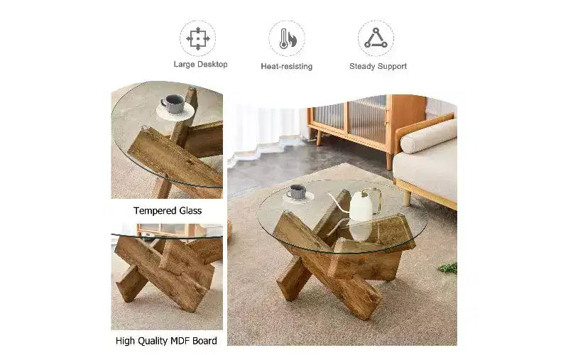 Table basse ronde TUYOHW avec plateau en verre trempé, table basse centrale moderne et unique avec pieds en MDF à motif pour salon