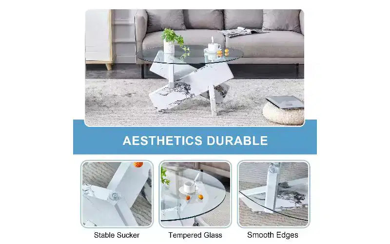 Table basse ronde TUYOHW avec plateau en verre trempé, table basse centrale moderne et unique avec pieds en MDF à motif pour salon