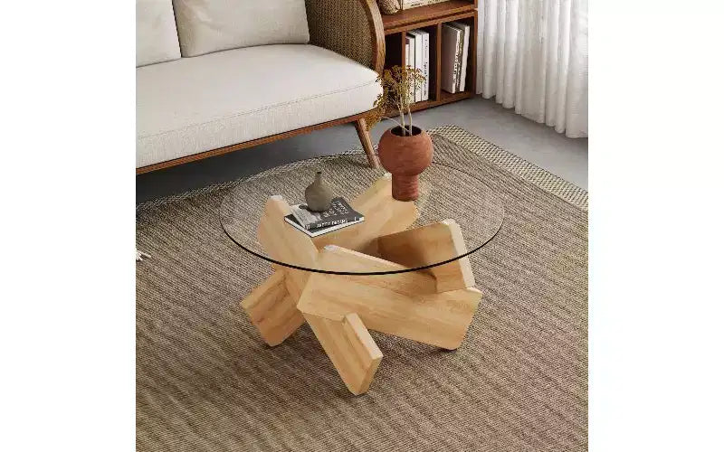 Table basse ronde TUYOHW avec plateau en verre trempé, table basse centrale moderne et unique avec pieds en MDF à motif pour salon