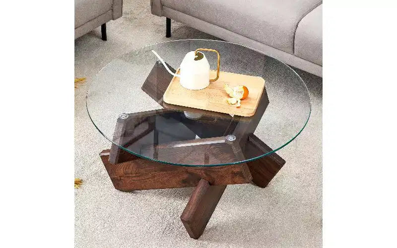 Table basse ronde TUYOHW avec plateau en verre trempé, table basse centrale moderne et unique avec pieds en MDF à motif pour salon