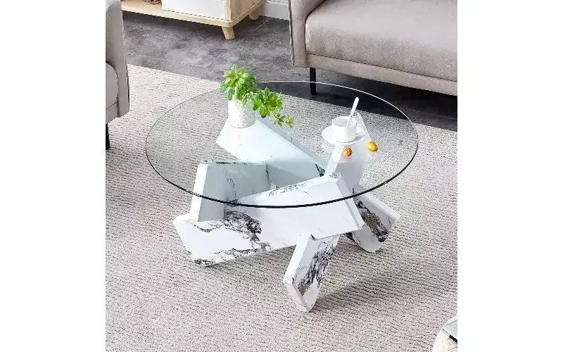 Table basse ronde TUYOHW avec plateau en verre trempé, table basse centrale moderne et unique avec pieds en MDF à motif pour salon