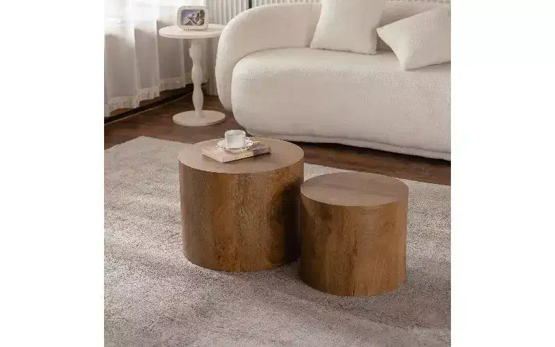 Ensemble de 2 tables basses gigognes rondes TUYOHW, table centrale en MDF écologique pour salon, table d'appoint moderne en bois, table d'appoint