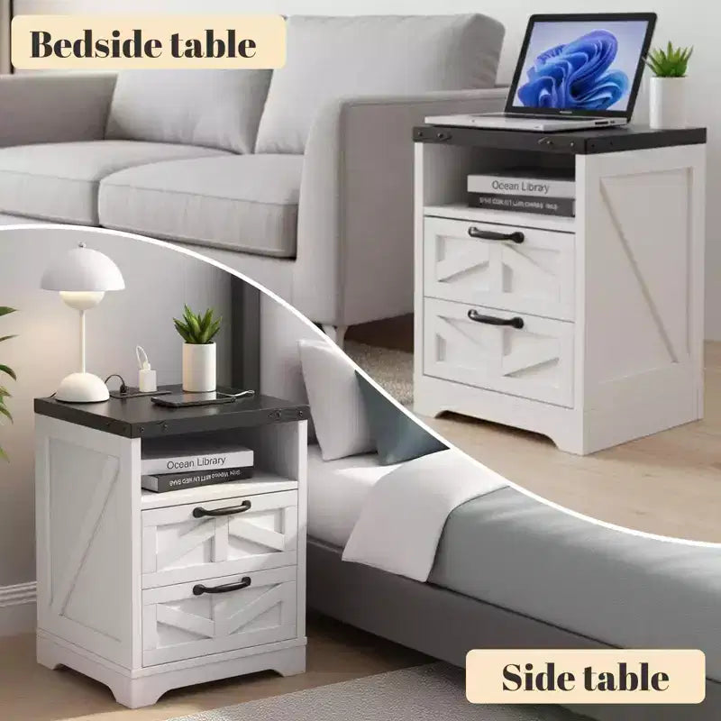 Table de chevet de style ferme moderne avec station de charge, table de chevet blanche de style industriel à 2 tiroirs, table d'appoint de chambre élégante et compacte