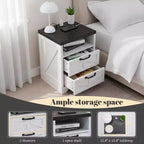 Table de chevet de style ferme moderne avec station de charge, table de chevet blanche de style industriel à 2 tiroirs, table d'appoint de chambre élégante et compacte