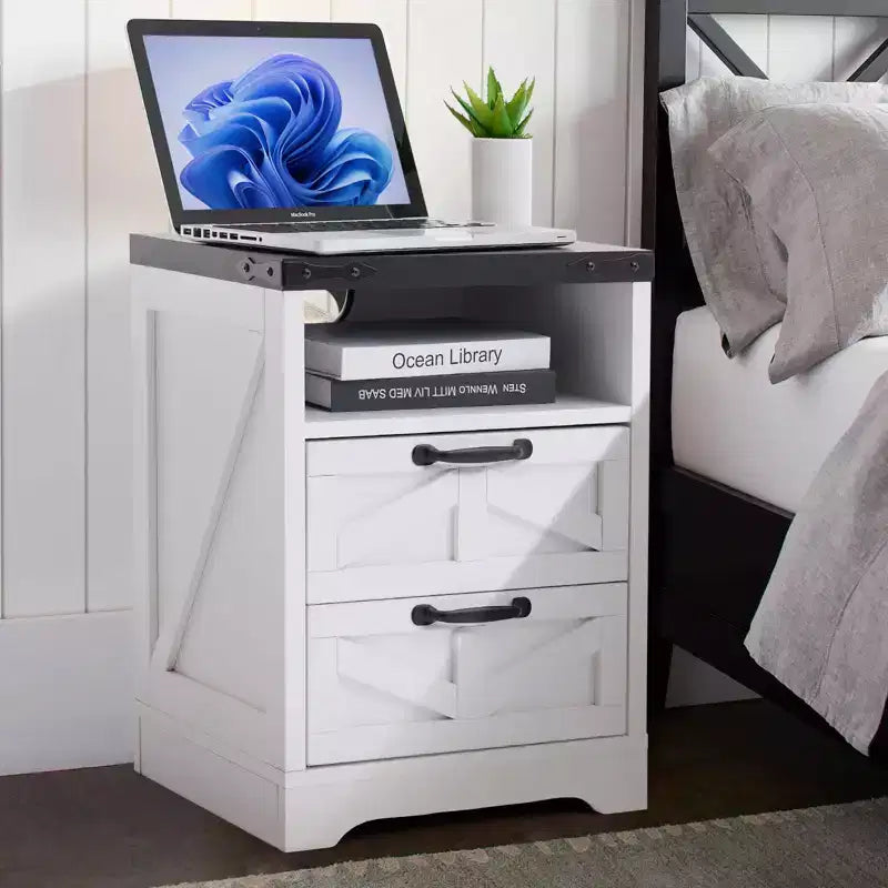 Table de chevet de style ferme moderne avec station de charge, table de chevet blanche de style industriel à 2 tiroirs, table d'appoint de chambre élégante et compacte