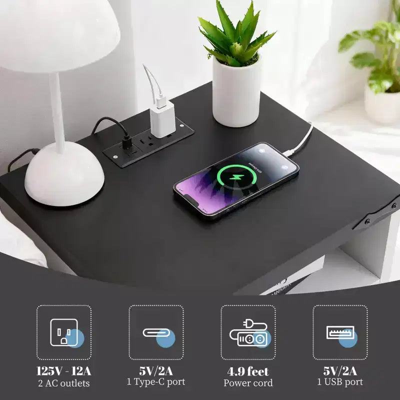 Table de chevet de style ferme moderne avec station de charge, table de chevet blanche de style industriel à 2 tiroirs, table d'appoint de chambre élégante et compacte