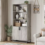 Bibliothèque de 180 cm de haut avec portes et base en métal, étagère à 5 niveaux avec armoire et étagère réglable, étagère de rangement industrielle de style ferme