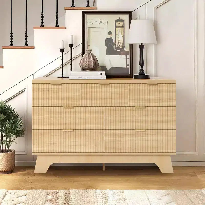Commode COZONY à 7 tiroirs, 120 cm, style Mid-Century moderne avec poignées dorées, design cannelé, organisateur de rangement pour chambre à coucher