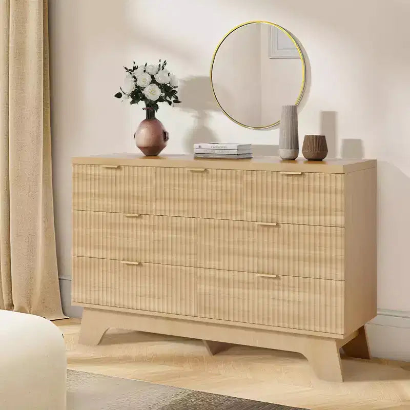 Commode COZONY à 7 tiroirs, 120 cm, style Mid-Century moderne avec poignées dorées, design cannelé, organisateur de rangement pour chambre à coucher