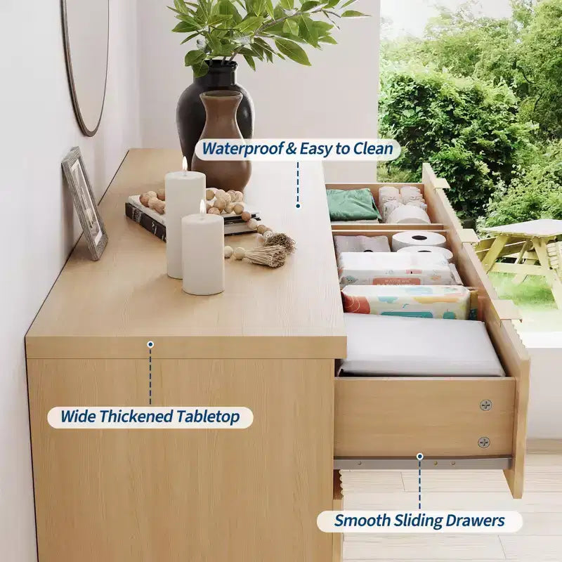 Commode COZONY à 7 tiroirs, 120 cm, style Mid-Century moderne avec poignées dorées, design cannelé, organisateur de rangement pour chambre à coucher