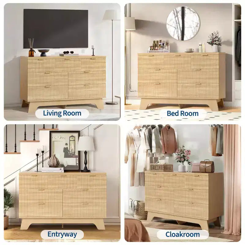 Commode COZONY à 7 tiroirs, 120 cm, style Mid-Century moderne avec poignées dorées, design cannelé, organisateur de rangement pour chambre à coucher