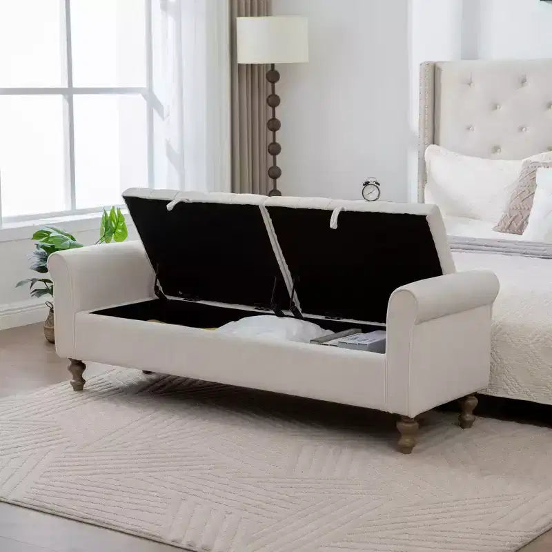 TUYOHW 65.7 Banc de Rangement Moderne avec Pieds en Bois Massif, Banc de Bout de Lit avec Accoudoir Roulé, Siège d'Entrée et Coffre à Jouets pour Salon, Chambre à Coucher