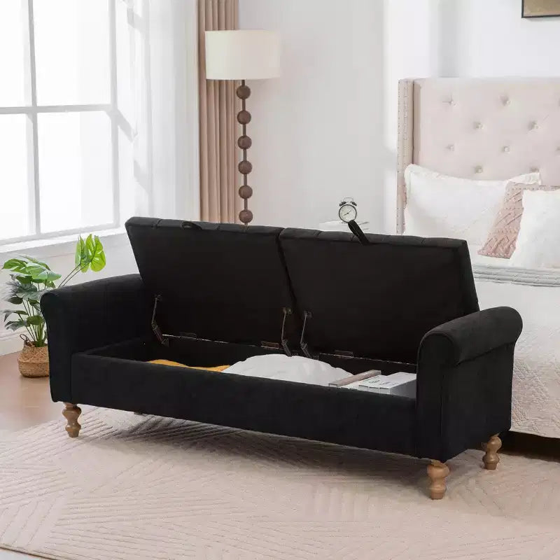 TUYOHW 65.7 Banc de Rangement Moderne avec Pieds en Bois Massif, Banc de Bout de Lit avec Accoudoir Roulé, Siège d'Entrée et Coffre à Jouets pour Salon, Chambre à Coucher