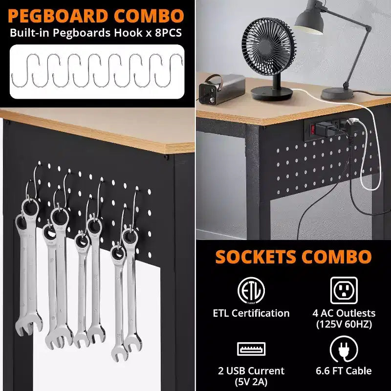 Établi de garage robuste de 2000 lb et 47 po réglable avec roulettes verrouillables - Établi portable avec 20 crochets