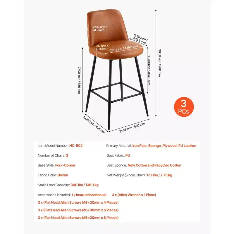 VEVOR Lot de 3 Tabourets de Bar, Tabourets Pivotants de 68,6 cm Hauteur de Comptoir, Tabourets de Bar Modernes en Cuir PU avec Dossier et Pieds en Métal, Marron