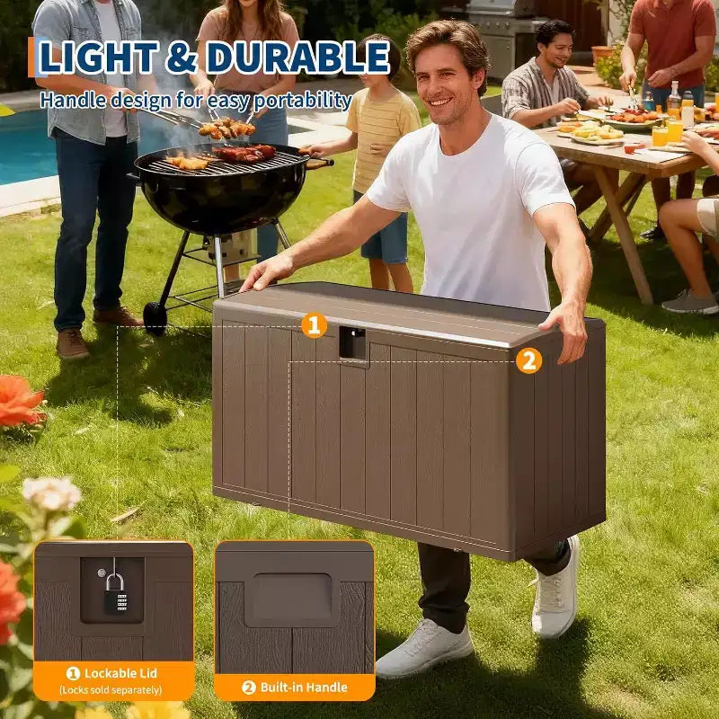 Acekool Coffre de rangement extérieur 492 L, grande malle de pont en résine aspect bois, organisateur de patio étanche pour jardin, pelouse et bord de piscine