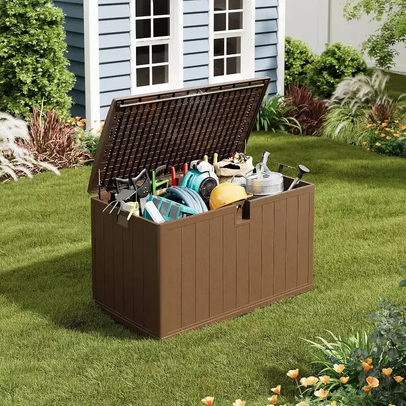 Acekool Coffre de rangement extérieur 492 L, grande malle de pont en résine aspect bois, organisateur de patio étanche pour jardin, pelouse et bord de piscine