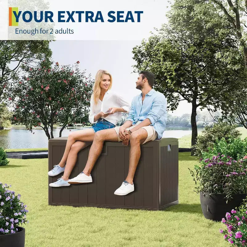 Acekool Coffre de rangement extérieur 492 L, grande malle de pont en résine aspect bois, organisateur de patio étanche pour jardin, pelouse et bord de piscine