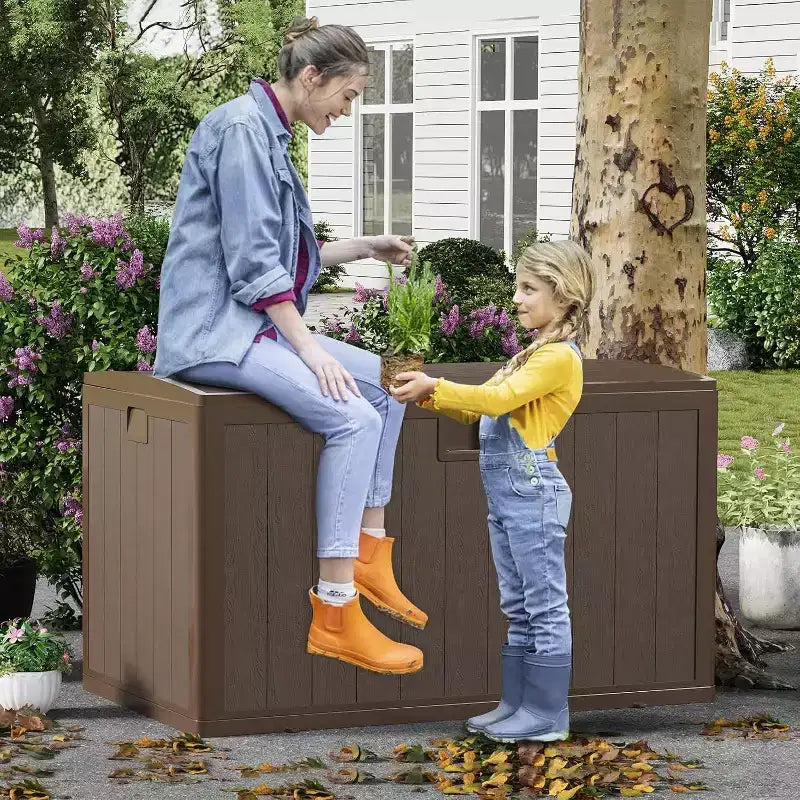 Acekool Coffre de rangement extérieur 492 L, grande malle de pont en résine aspect bois, organisateur de patio étanche pour jardin, pelouse et bord de piscine