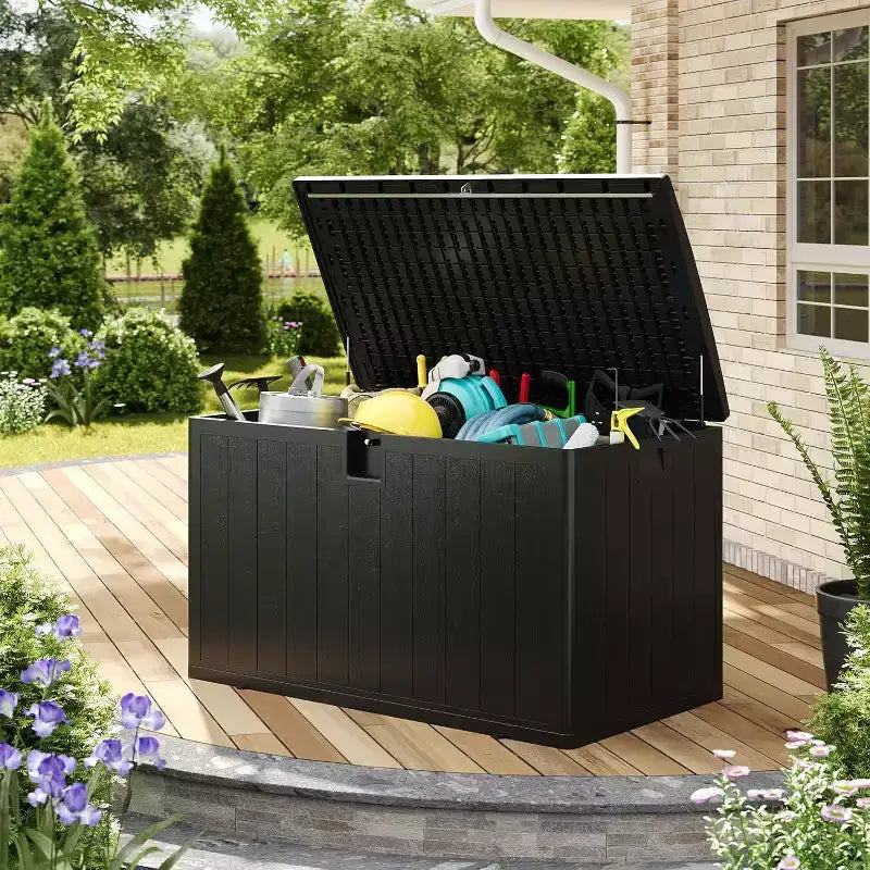 Acekool Coffre de rangement extérieur 492 L, grande malle de pont en résine aspect bois, organisateur de patio étanche pour jardin, pelouse et bord de piscine