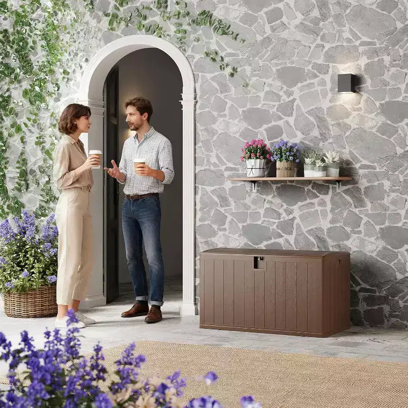 Acekool Coffre de rangement extérieur 492 L, grande malle de pont en résine aspect bois, organisateur de patio étanche pour jardin, pelouse et bord de piscine