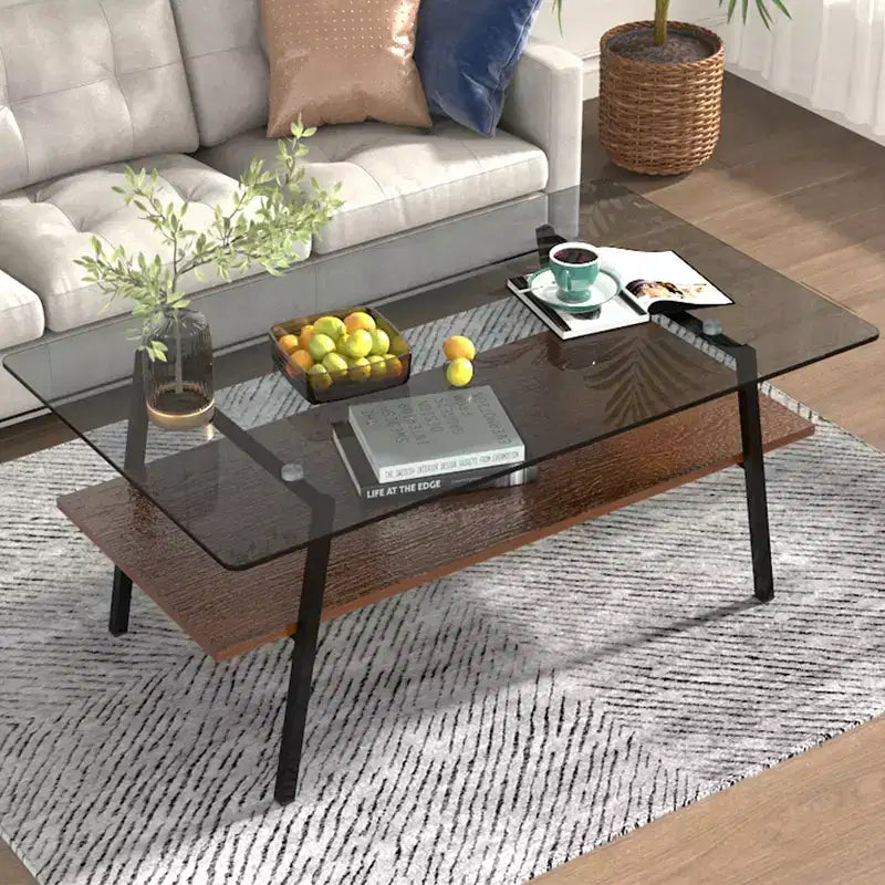 Table Basse Rectangulaire Moderne Zeus & Ruta avec Plateau en Verre Trempé Gris et Pieds en Métal Noir