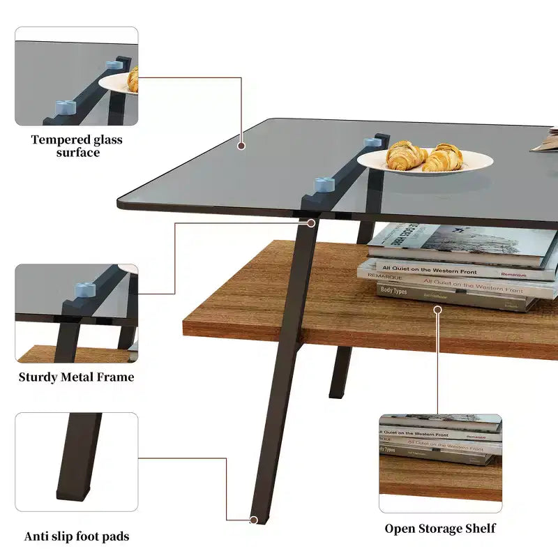 Table Basse Rectangulaire Moderne Zeus & Ruta avec Plateau en Verre Trempé Gris et Pieds en Métal Noir