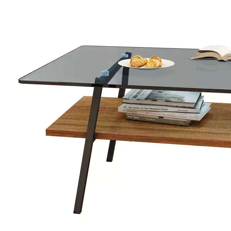 Table Basse Rectangulaire Moderne Zeus & Ruta avec Plateau en Verre Trempé Gris et Pieds en Métal Noir