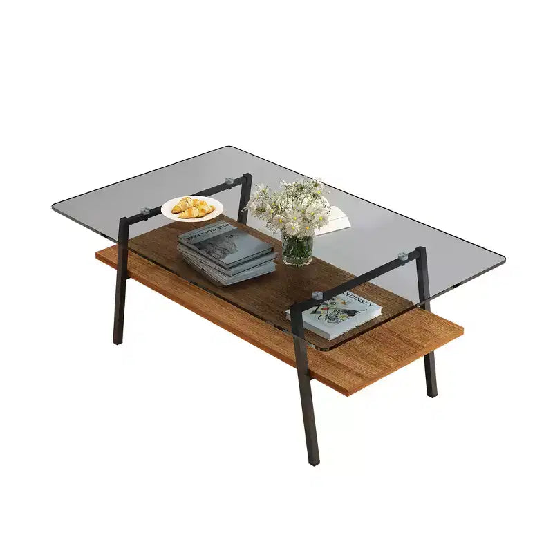 Table Basse Rectangulaire Moderne Zeus & Ruta avec Plateau en Verre Trempé Gris et Pieds en Métal Noir