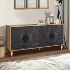 63 Buffet de style bohème, meuble TV noir, console média avec portes sculptées motif floral mandala - Panipeachy