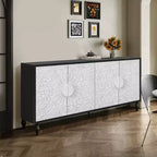 63 Buffet de style bohème, meuble TV noir, console média avec portes sculptées motif floral mandala - Panipeachy