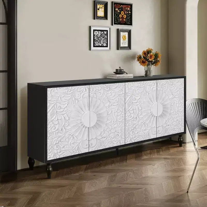 63 Buffet de style bohème, meuble TV noir, console média avec portes sculptées motif floral mandala - Panipeachy
