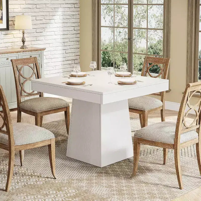 Table à manger carrée Lantine pour 4, petite table de cuisine de 80 cm avec base sur pied robuste, table de ferme pour salle à manger, cuisine, blanc