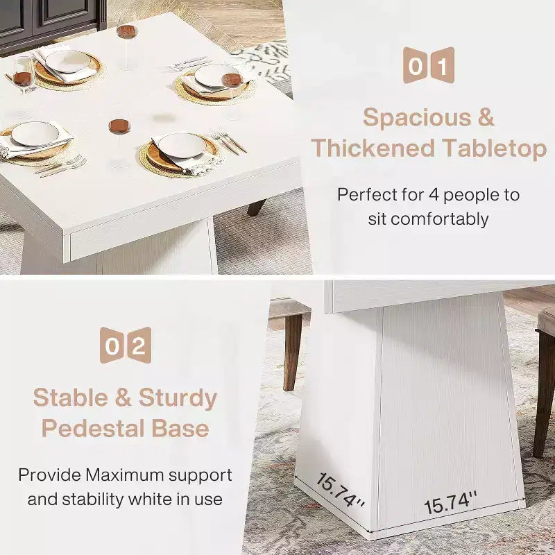 Table à manger carrée Lantine pour 4, petite table de cuisine de 80 cm avec base sur pied robuste, table de ferme pour salle à manger, cuisine, blanc