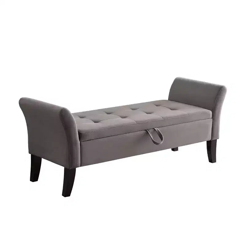 Banc de rangement en velours Okak 51,5 avec accoudoirs et pieds en bois, bout de lit avec assise rembourrée, pouf de rangement pour la maison