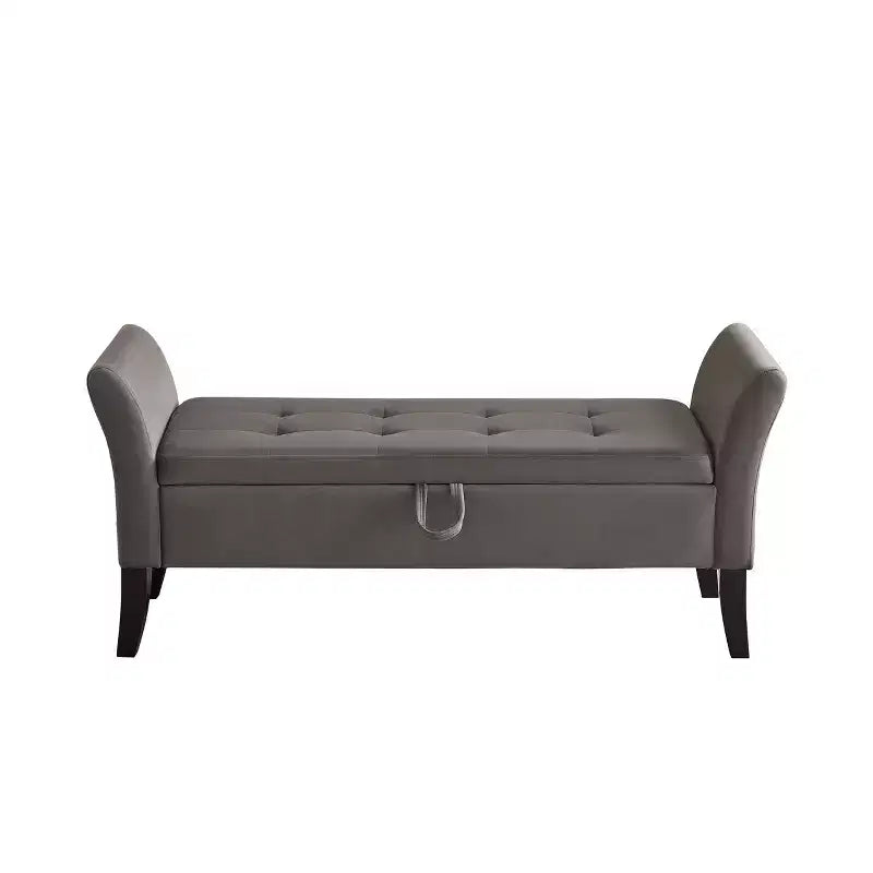 Banc de rangement en velours Okak 51,5 avec accoudoirs et pieds en bois, bout de lit avec assise rembourrée, pouf de rangement pour la maison