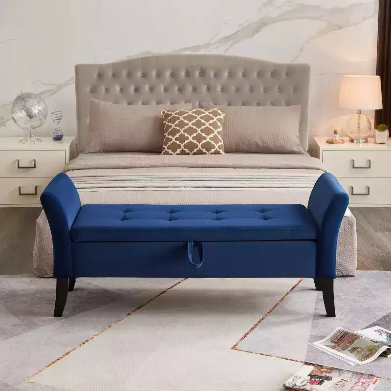 Banc de rangement en velours Okak 51,5 avec accoudoirs et pieds en bois, bout de lit avec assise rembourrée, pouf de rangement pour la maison