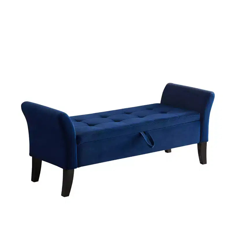 Banc de rangement en velours Okak 51,5 avec accoudoirs et pieds en bois, bout de lit avec assise rembourrée, pouf de rangement pour la maison