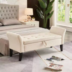 Banc de rangement en velours Okak 51,5 avec accoudoirs et pieds en bois, bout de lit avec assise rembourrée, pouf de rangement pour la maison