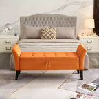 Banc de rangement en velours Okak 51,5 avec accoudoirs et pieds en bois, bout de lit avec assise rembourrée, pouf de rangement pour la maison