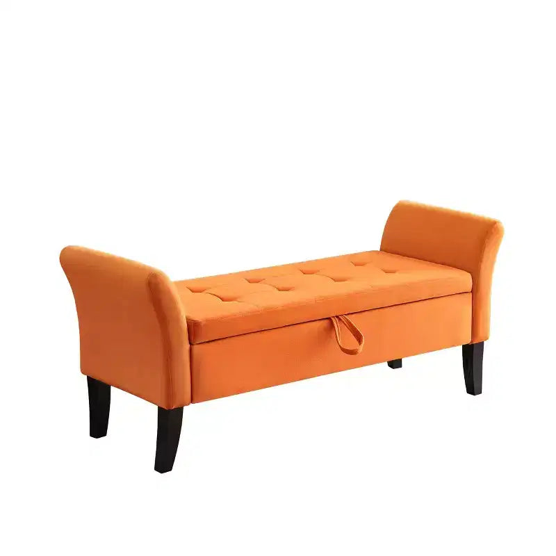Banc de rangement en velours Okak 51,5 avec accoudoirs et pieds en bois, bout de lit avec assise rembourrée, pouf de rangement pour la maison