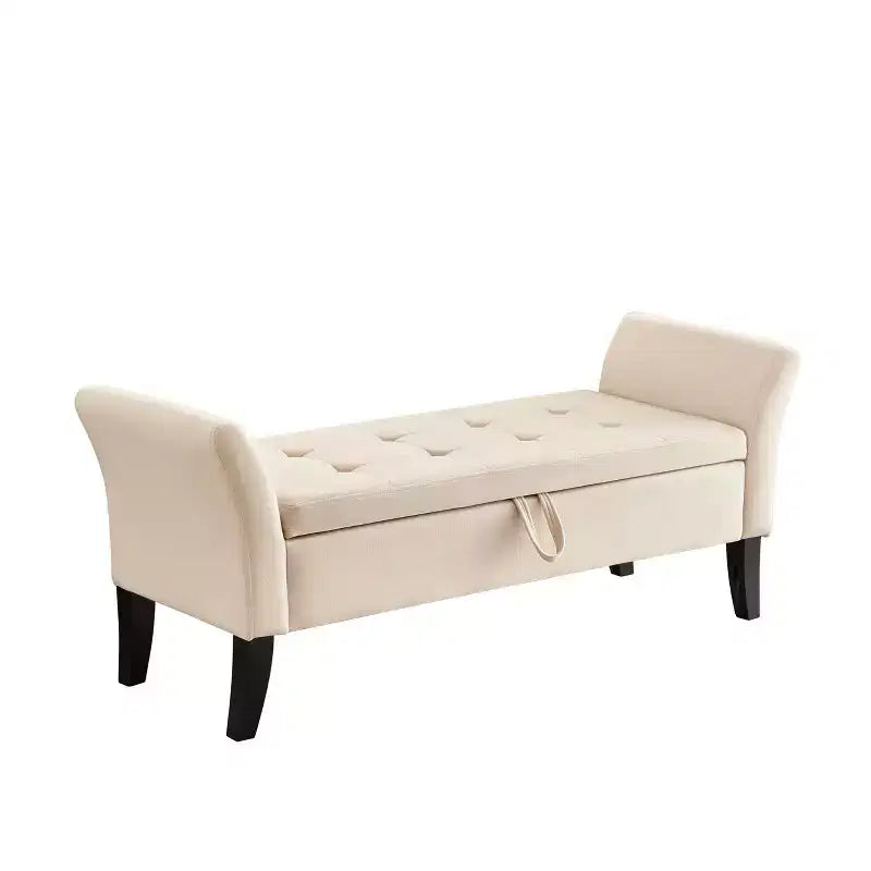 Banc de rangement en velours Okak 51,5 avec accoudoirs et pieds en bois, bout de lit avec assise rembourrée, pouf de rangement pour la maison