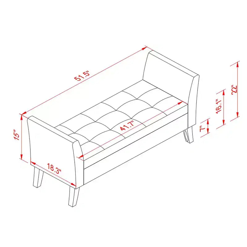 Banc de rangement en velours Okak 51,5 avec accoudoirs et pieds en bois, bout de lit avec assise rembourrée, pouf de rangement pour la maison