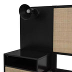 Lit Plateforme en Bois Taille Grand Lit Luxystar avec 2 Tables de Chevet, 2 Lampes et Tête de Lit en Rotin, Noir