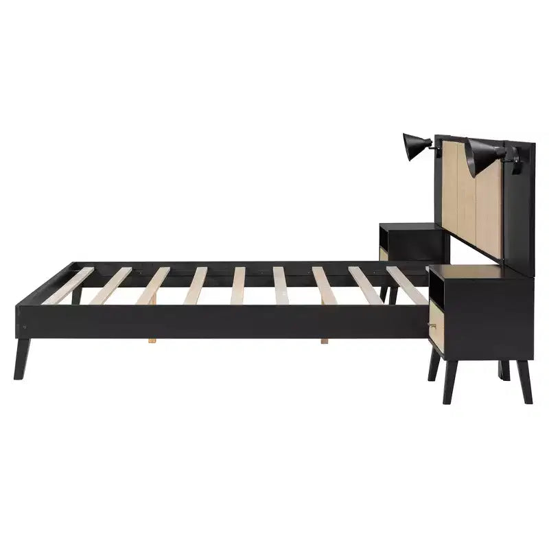 Lit Plateforme en Bois Taille Grand Lit Luxystar avec 2 Tables de Chevet, 2 Lampes et Tête de Lit en Rotin, Noir