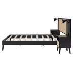 Lit Plateforme en Bois Taille Grand Lit Luxystar avec 2 Tables de Chevet, 2 Lampes et Tête de Lit en Rotin, Noir
