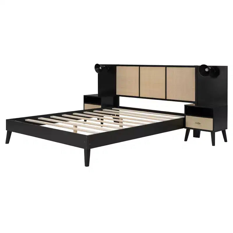 Lit Plateforme en Bois Taille Grand Lit Luxystar avec 2 Tables de Chevet, 2 Lampes et Tête de Lit en Rotin, Noir