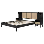 Lit Plateforme en Bois Taille Grand Lit Luxystar avec 2 Tables de Chevet, 2 Lampes et Tête de Lit en Rotin, Noir